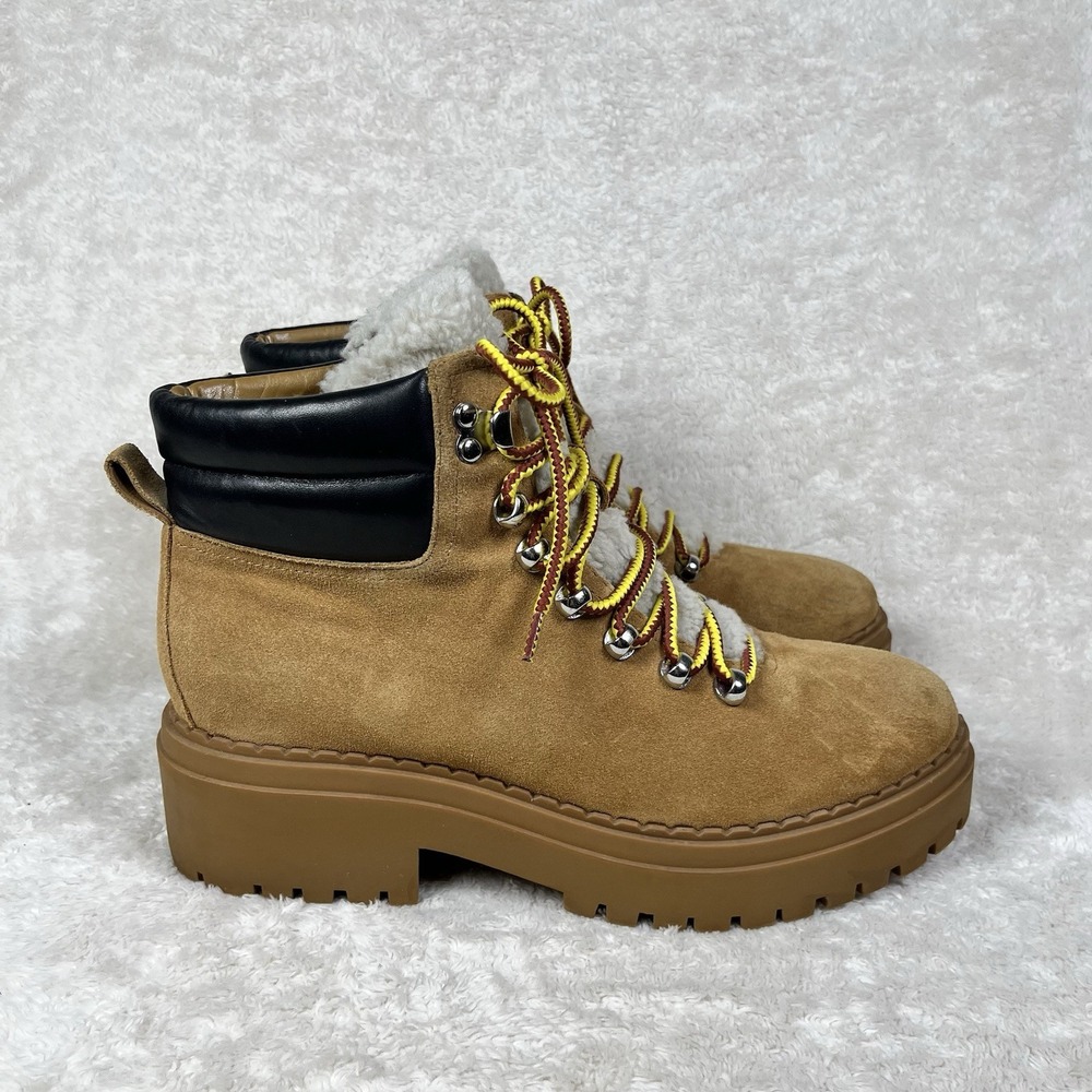 Marc Fisher Nairy Boot Womens 9M Tan Suede Leather Shearling‎ Lug Sole Hiking